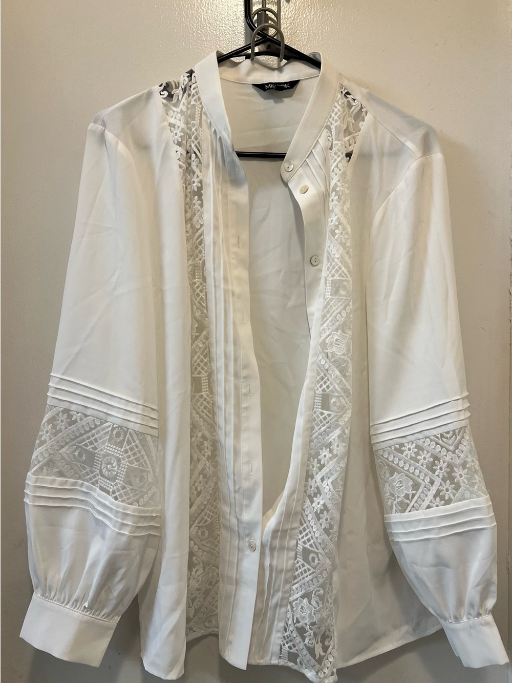 Misook White Lace-Panel Pintuck Blouse